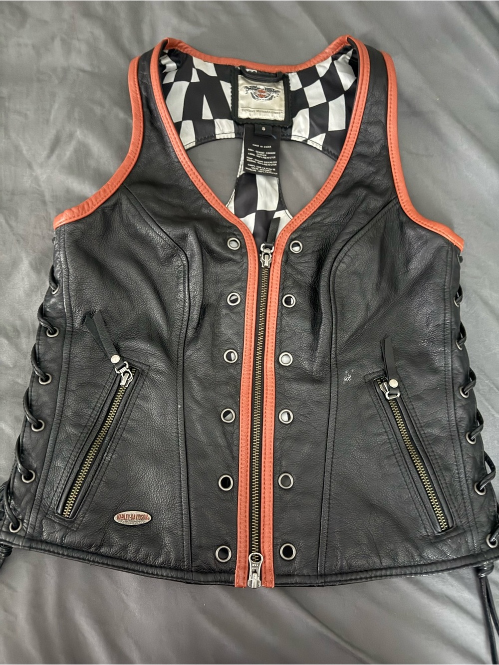 Harley-Davidson Black Leather Vest with Orange Piping and Checkered Lining